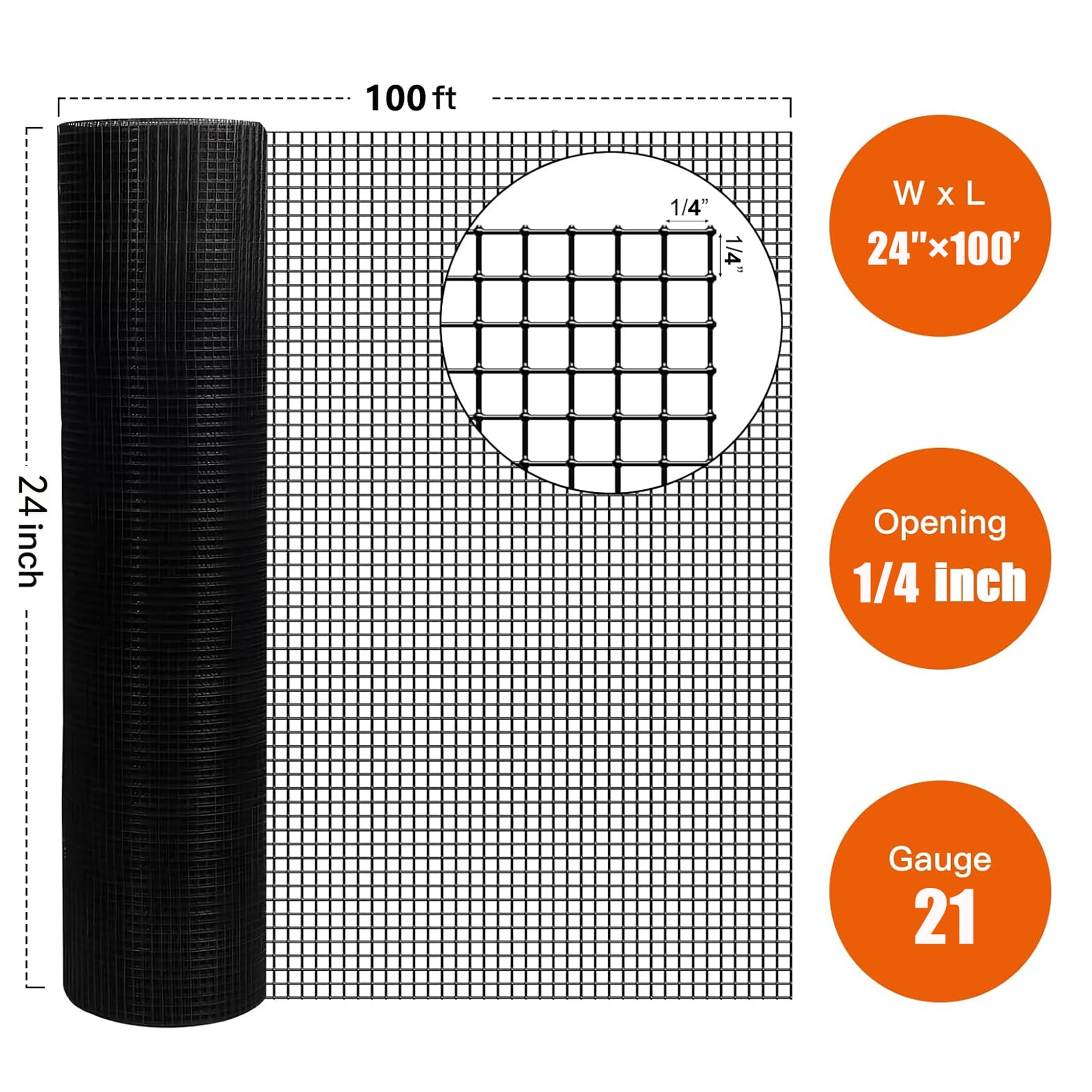 Miniyam 21-Gauge 1/4 inch Black Vinyl Coated Hardware Cloth – Welded Wire for Poultry Netting, Cage, Chicken Coop & Home Improvement (24in x 100ft)