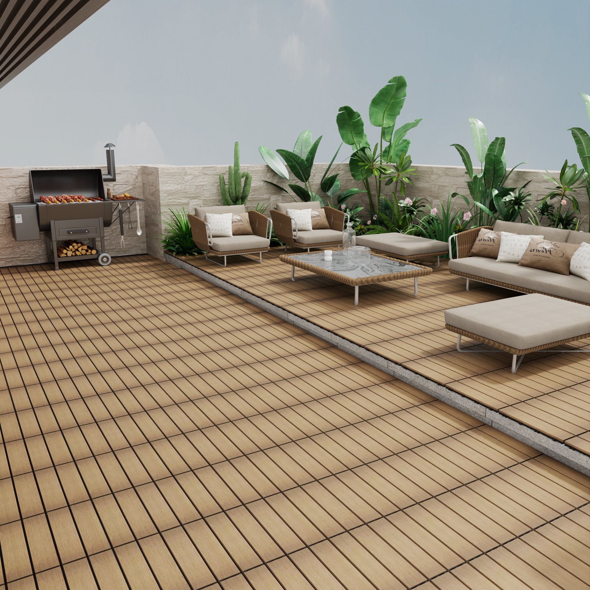 Miniyam 22 Pcs Interlocking Deck Tiles, 12" x 12", Wood-Plastic, for Outdoor Balcony Garden, Oak