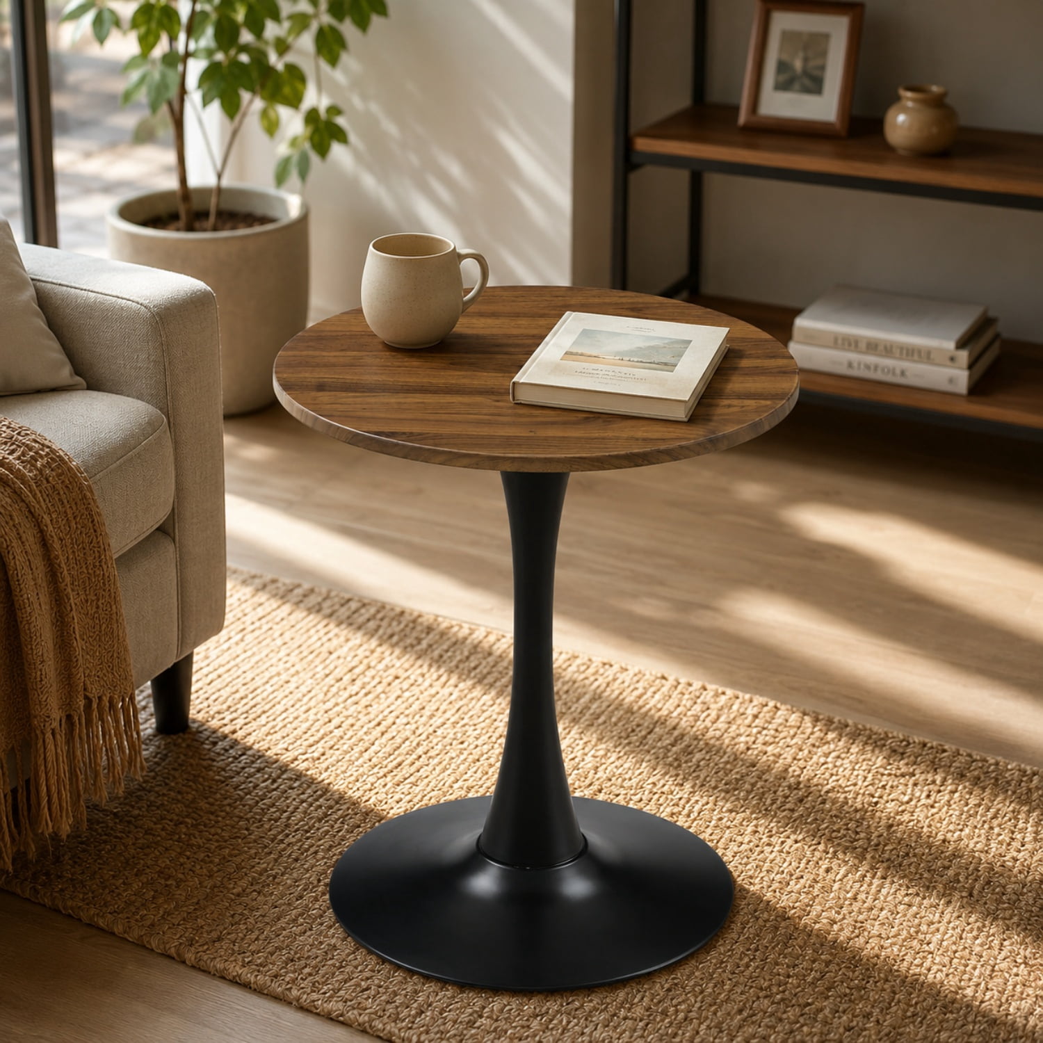 Miniyam 23.6” Round Dining Table, Small Pedestal Tulip Style Table for 2–4 People, Wooden Top with Metal Base, Dark Walnut