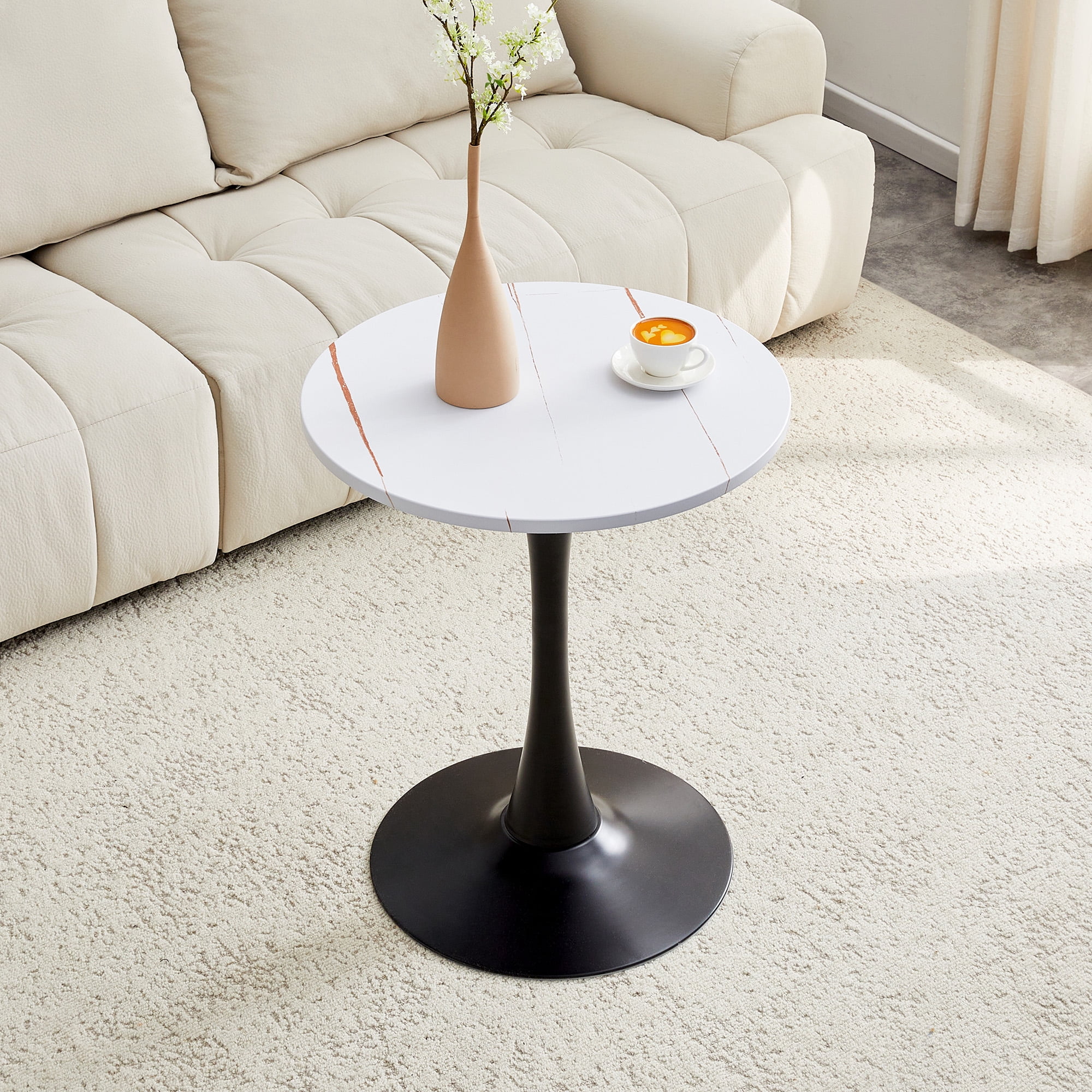 Miniyam 23.6” Round Dining Table, Small Pedestal Tulip Style Table for 2–4 People, Wooden Top with Metal Base, Warm White