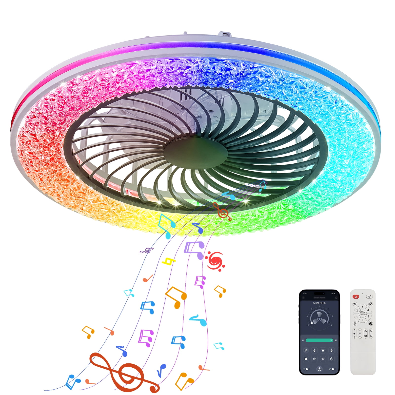 Miniyam 23" LED Ceiling Fan with Light and Remote Control, 3 CCTS RGB Bladeless Modern Ceiling Fan Low Profile for Living Room, 6 Speed