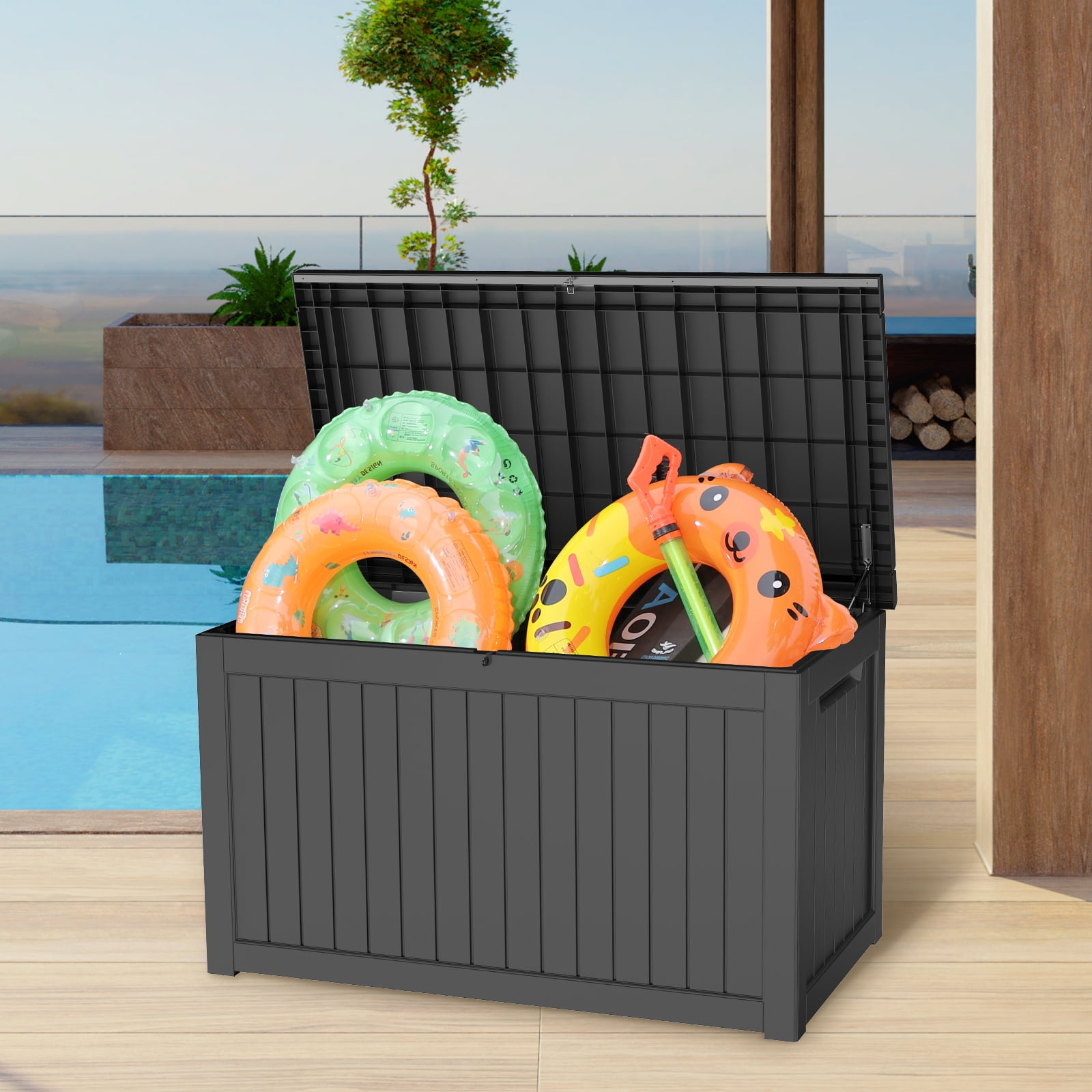 Miniyam 230 Gallon Resin Deck Box, Outdoor Storage Box, Gardening Tools, Lockable, Waterproof, Black