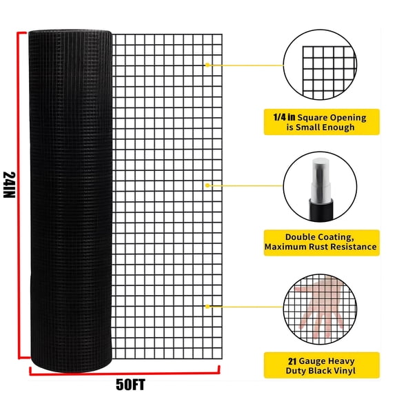 Miniyam 24" x 50' - 1/4 Inch 21 Gauge Black PVC Coated Hardware Cloth, Welded Wire Mesh for Garden Edging, DIY Projects, Small Pet Enclosures, and Coop Vents