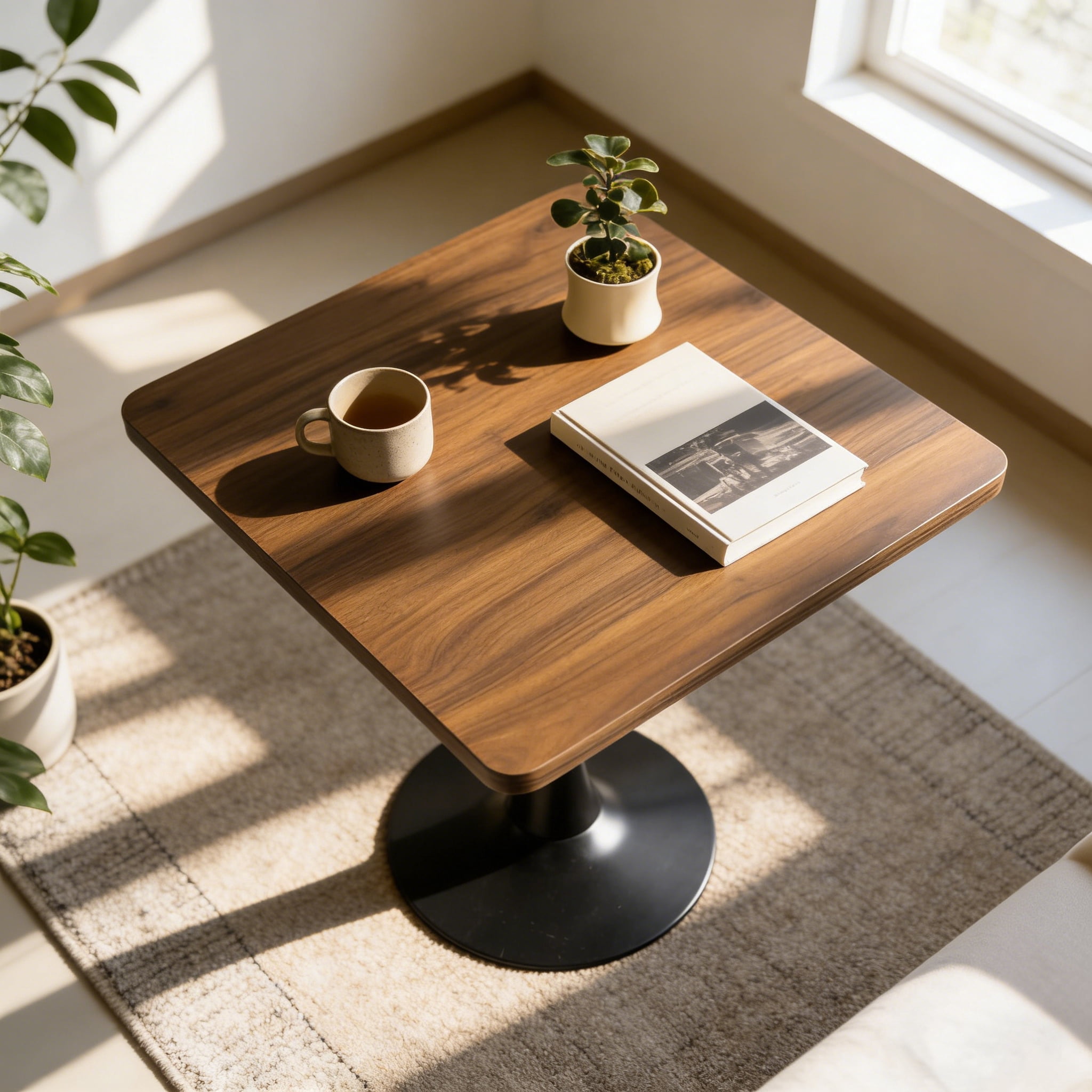 Miniyam 27.6" Small Square Dining Table for 4, Tulip Pedestal Kitchen Bistro Breakfast Table, Walnut Finish Top, Black Base