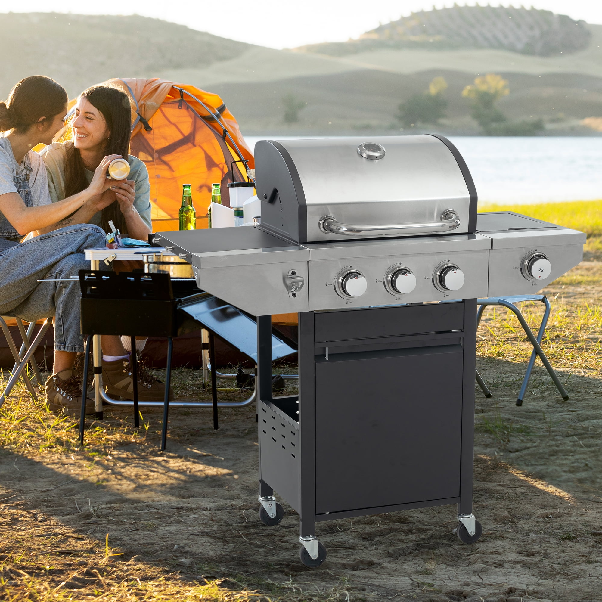Miniyam 3 Burner Propane Gas Grill with Side Burner, 37,000 BTU, Stainless Steel