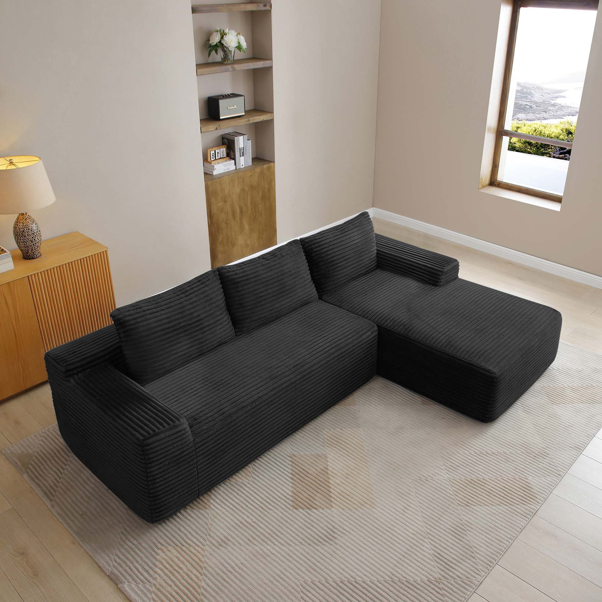 Miniyam 3-Seat 97" L-Shape Sofa with Chaise, Deep Seat Corduroy Sectional, No Assembly (Right Facing Chaise, Black)