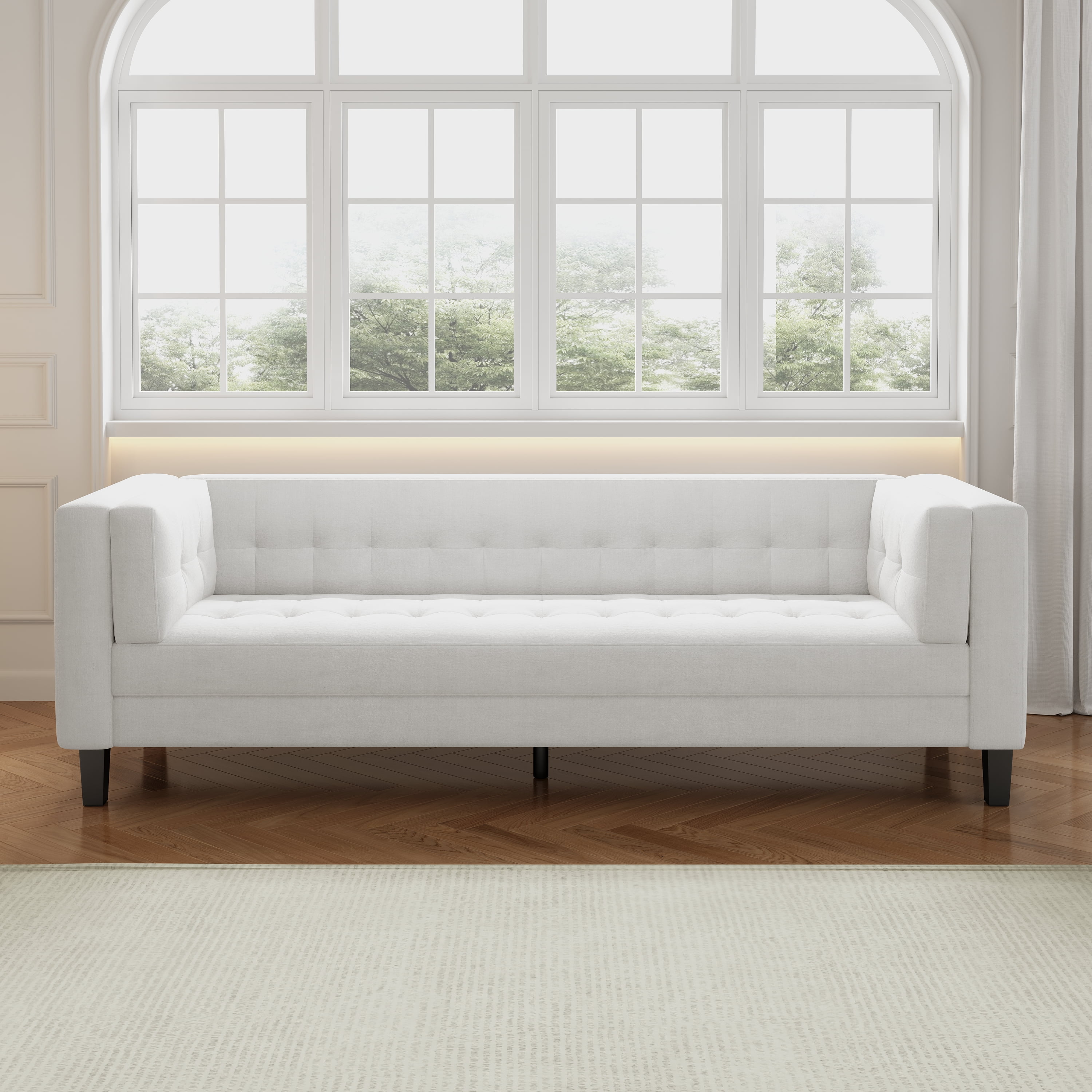 Miniyam 90 in Classic 3-Seater Sofa Modern Solid Print Velvet Tufted Coach, Ivory White