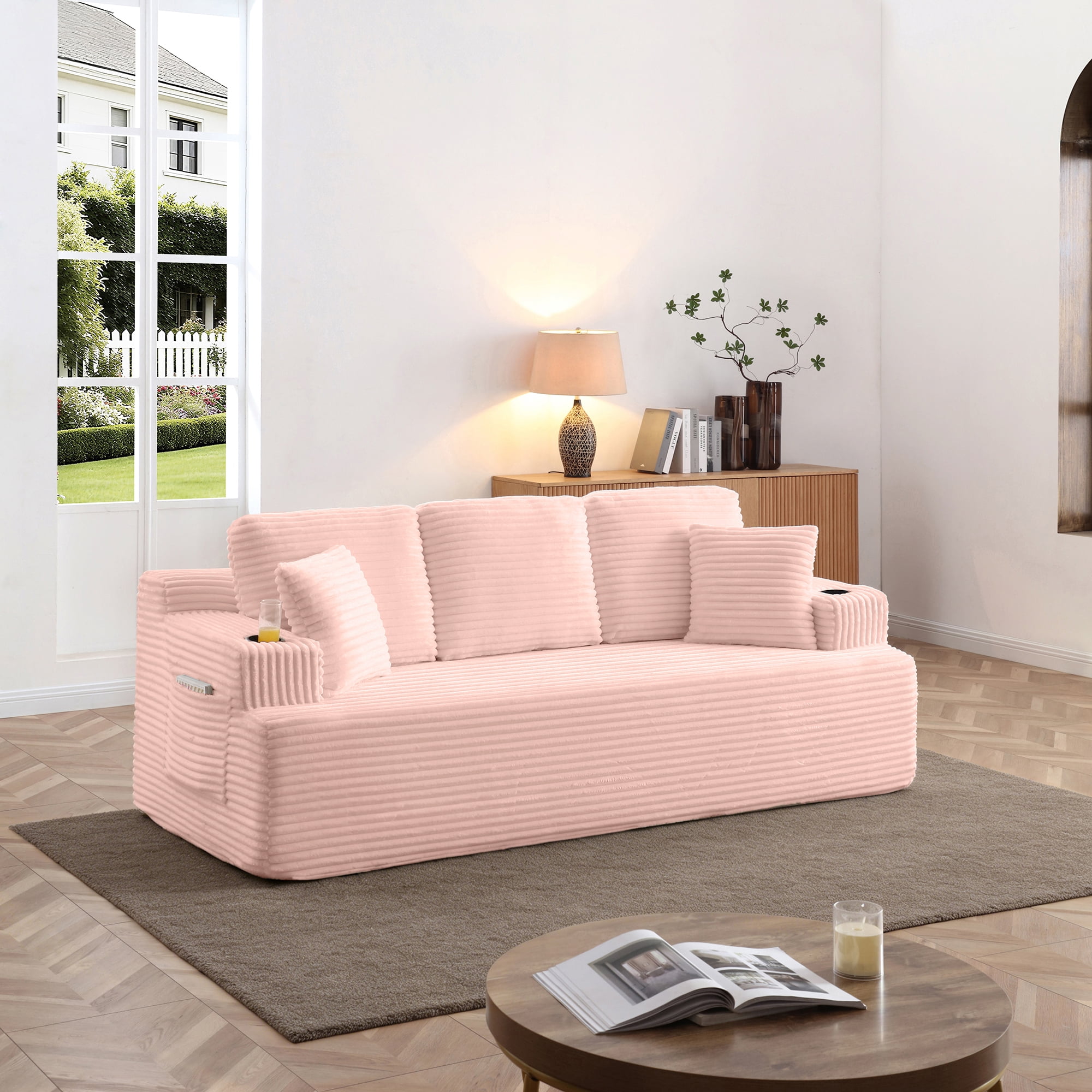 Miniyam 3-Seats Cloud Couch Corduroy Sofa, Boneless Floor Couch No Assembly, with Cup Holders & Side Pockets for Living Room (Pink)
