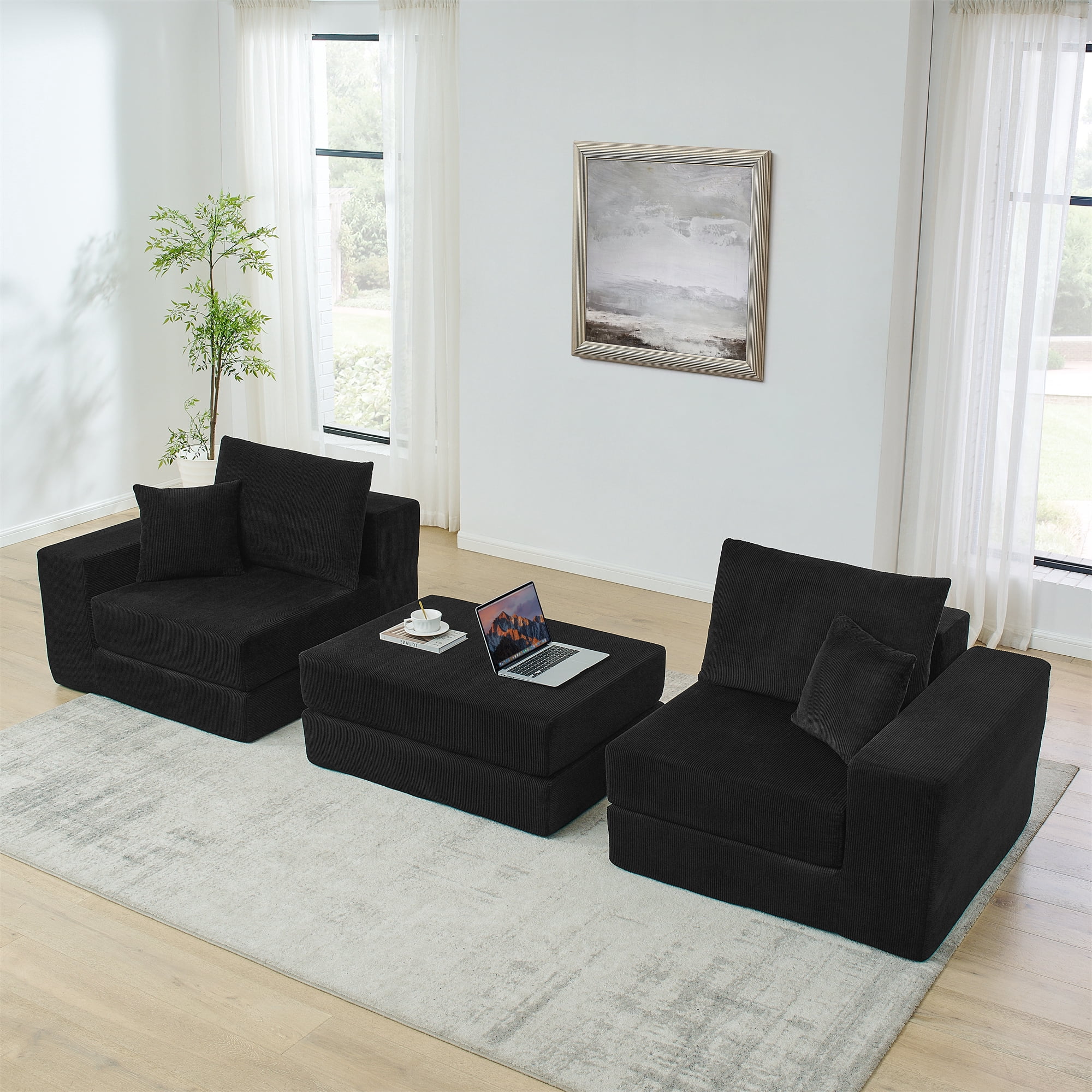 Miniyam 3 Seats Modular Sectional Sofa, Configurable Corduroy Cloud Couch with Pillows & Ottoman,No-Tools Assembly, for Living Room, Black
