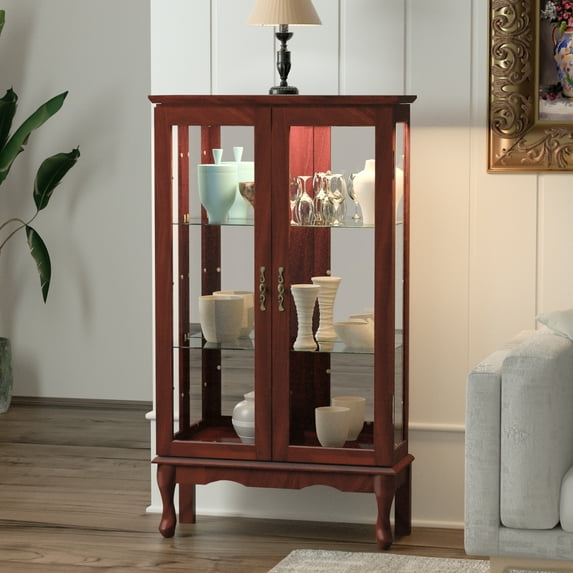 Miniyam 3 Tier Curio Cabinet Lighted Curio Diapaly Cabinet with Adjustable Shelves and Mirrored Back Panel,Cherry