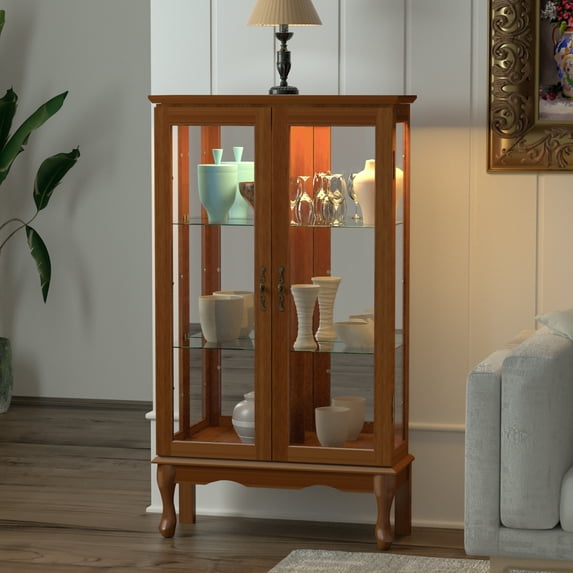 Miniyam 3 Tier Curio Cabinet Lighted Curio Diapaly Cabinet with Adjustable Shelves and Mirrored Back Panel,Oak