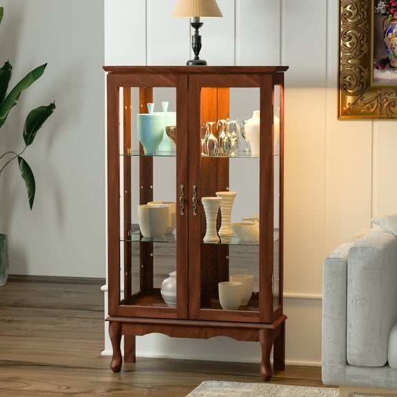 Miniyam 3 Tier Curio Cabinet Lighted Curio Diapaly Cabinet with Adjustable Shelves and Mirrored Back Panel,Walnut
