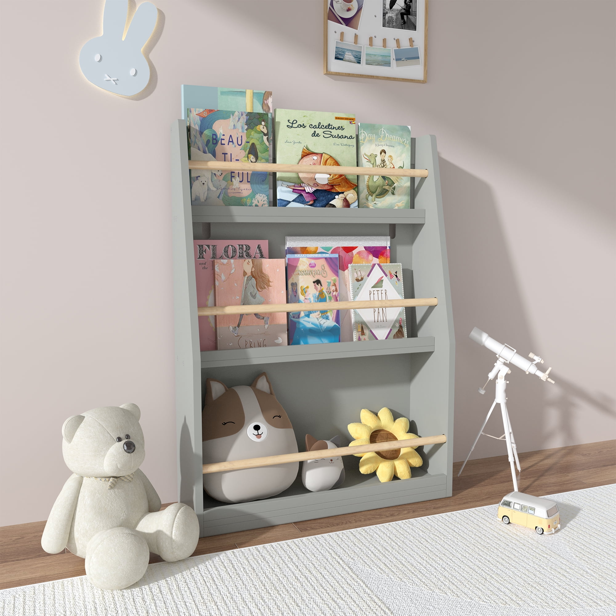 Miniyam 3-Tier Wooden Bookshelf with Toy Storage for Kid, Gray