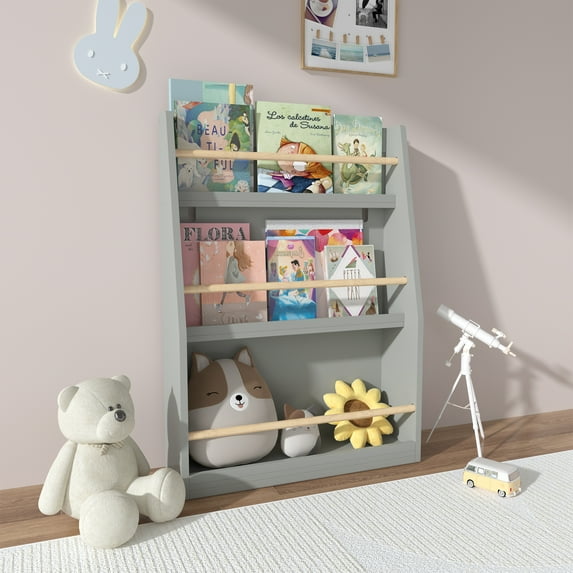 Miniyam 3-Tier Wooden Bookshelf with Toy Storage for Kid, Gray