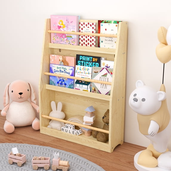 Miniyam 3-Tier Wooden Bookshelf with Toy Storage for Kid, Yellow