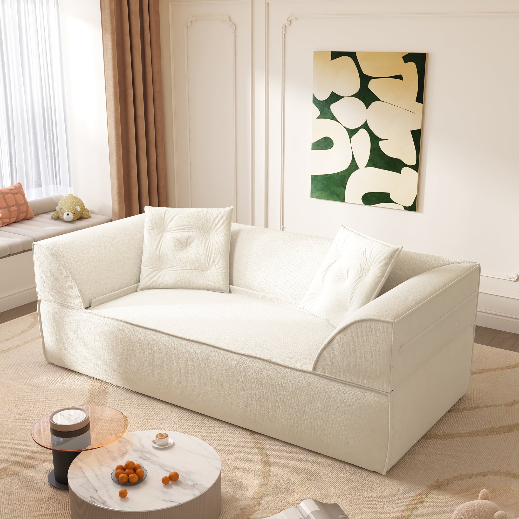 Miniyam 3-in-1 Convertible Sofa Bed, Deep Seat 3-Seater Couch with Chaise Lounge, Chenille Upholstered, No Assembly Required, Beige