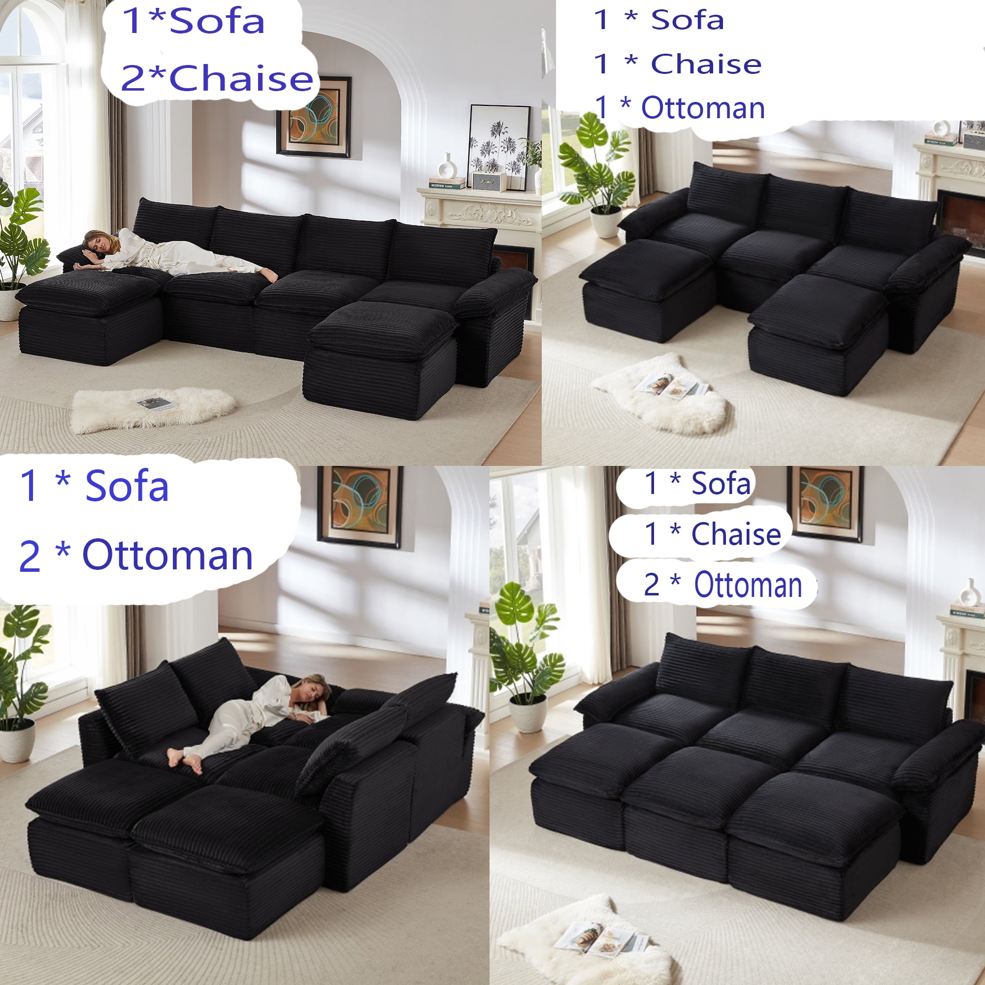 Miniyam 30.7" * 70"* 35.43" Corduroy Chaise for Sectional Sofa, Can be Freely Combined, Black