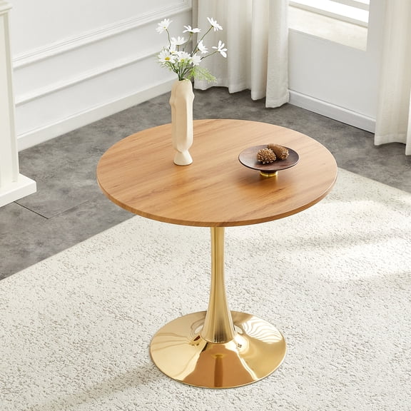 Miniyam 31.5" Round Kitchen Dining Table for 2–4 People, Small Space Pedestal Tulip Table with Engineered Wood Top, Oak&Gold