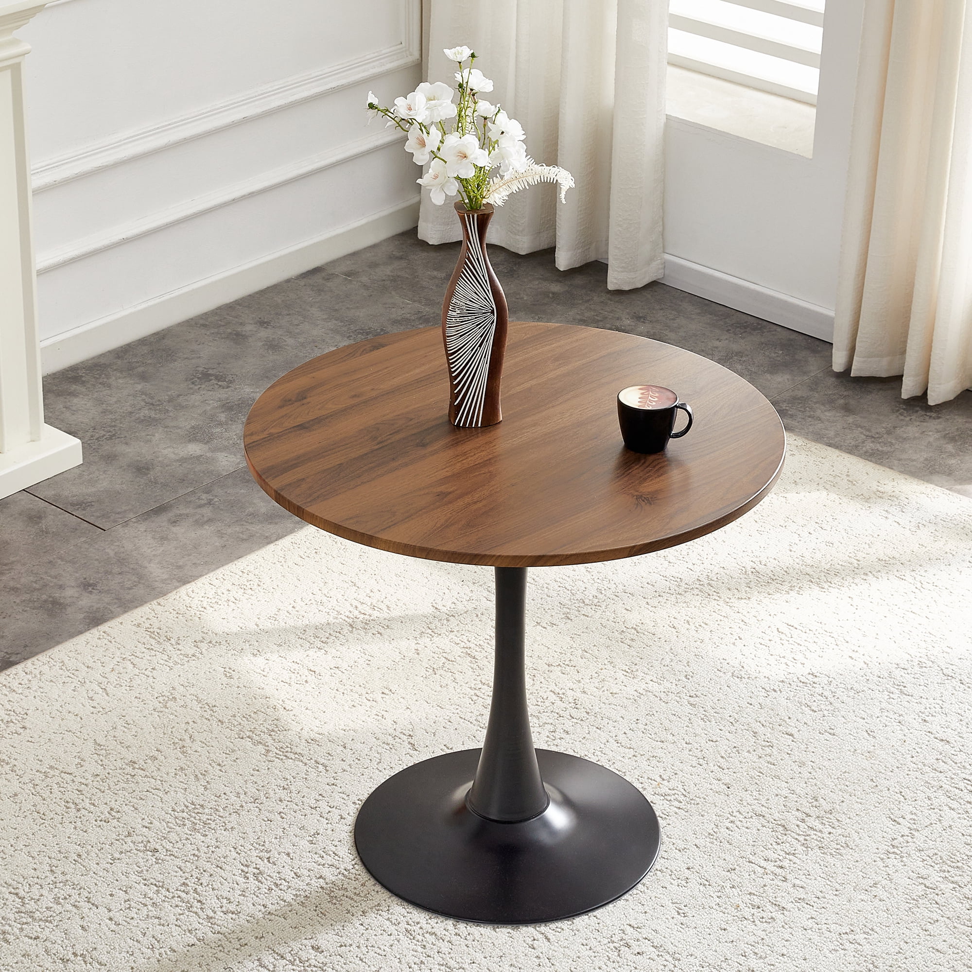 Miniyam 31.5" Round Kitchen Dining Table for 2–4 People, Small Space Pedestal Tulip Table with Engineered Wood Top, Walnut&Black