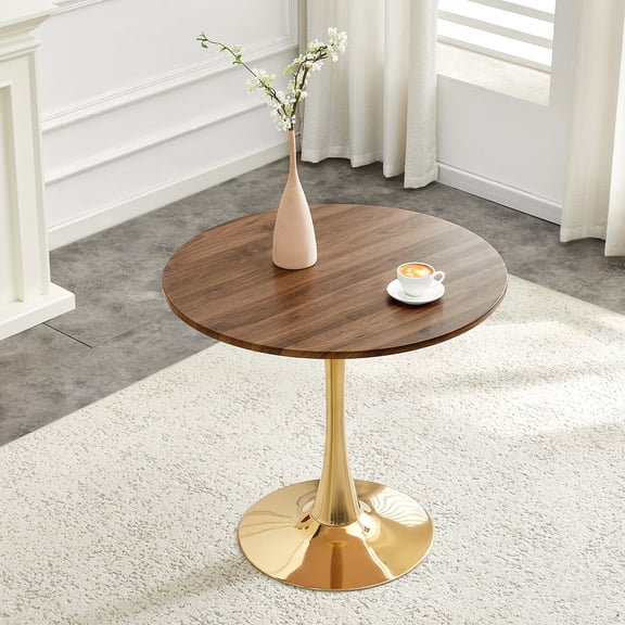 Miniyam 31.5" Round Kitchen Dining Table for 2–4 People, Small Space Pedestal Tulip Table with Engineered Wood Top, Walnut&Gold