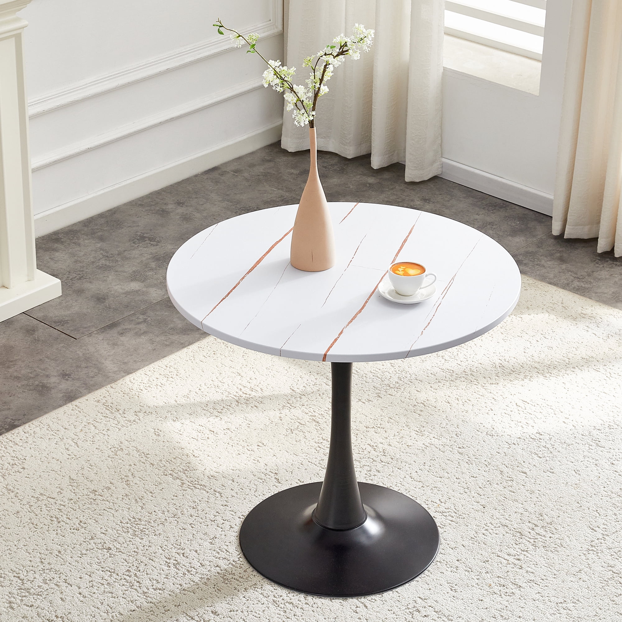Miniyam 31.5" Round Kitchen Dining Table for 2–4 People, Small Space Pedestal Tulip Table with Engineered Wood Top, White&Black