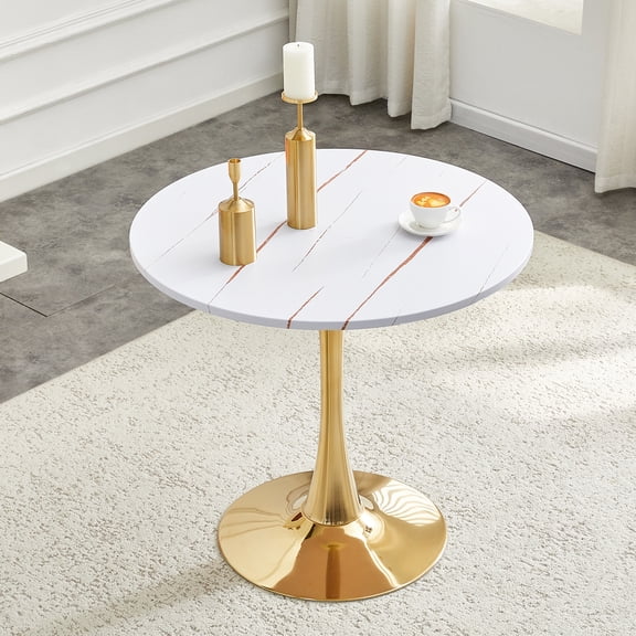 Miniyam 31.5" Round Kitchen Dining Table for 2–4 People, Small Space Pedestal Tulip Table with Engineered Wood Top, White&Gold