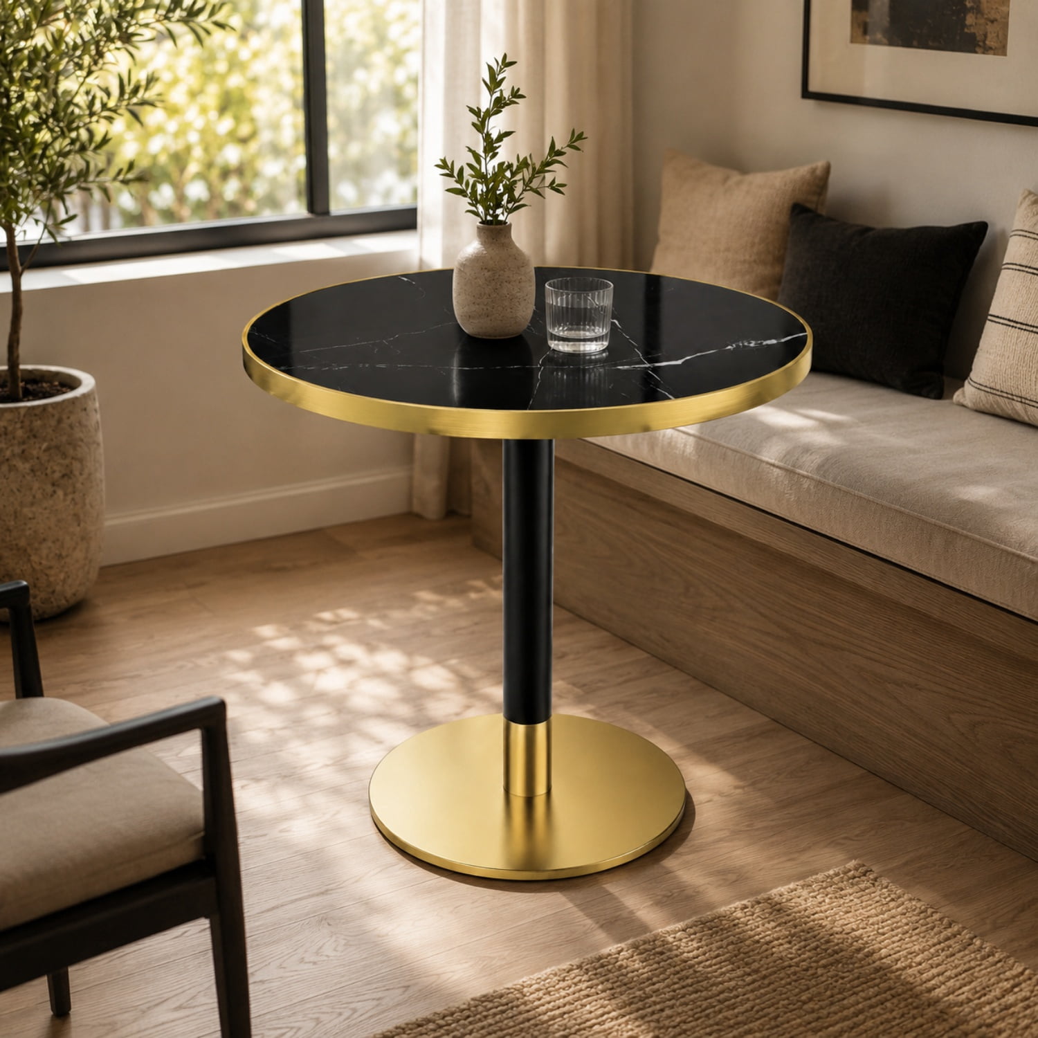 Miniyam 31.5 in. Round Tulip Dining Table for 2-4, Glossy Stone-Look Pedestal Table for Kitchen or Small Spaces, Black