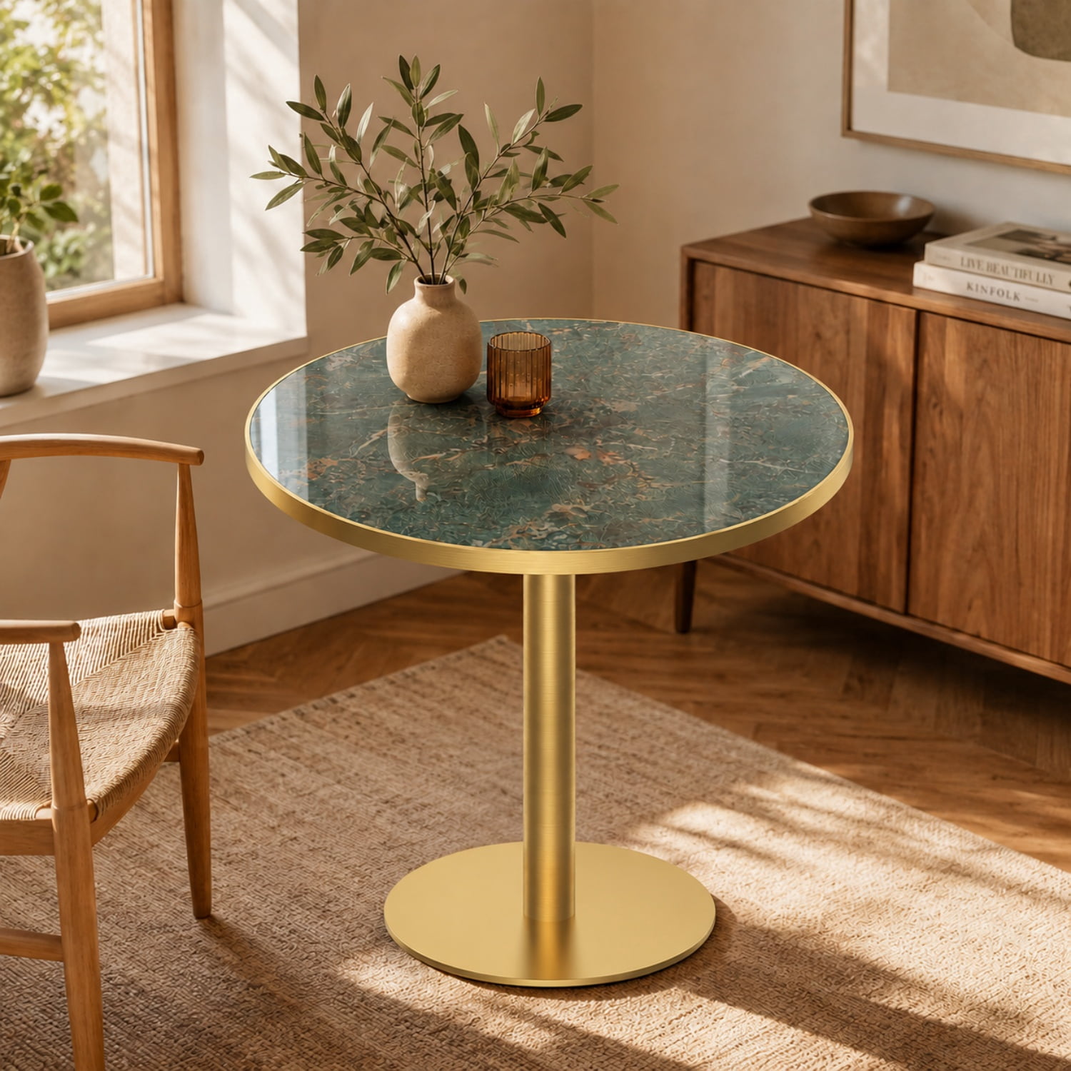 Miniyam 31.5 in. Round Tulip Dining Table for 2-4, Glossy Stone-Look Pedestal Table for Kitchen or Small Spaces, Green