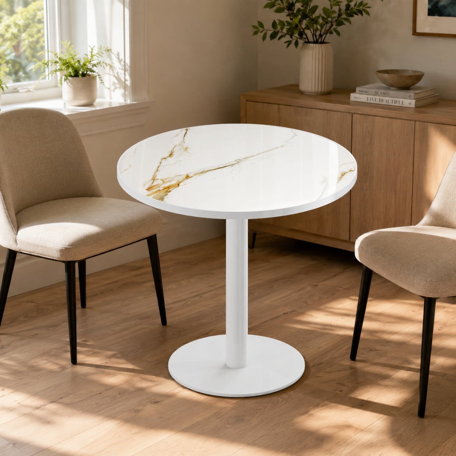 Miniyam 31.5 in. Round Tulip Dining Table for 2-4, Glossy Stone-Look Pedestal Table for Kitchen or Small Spaces, White