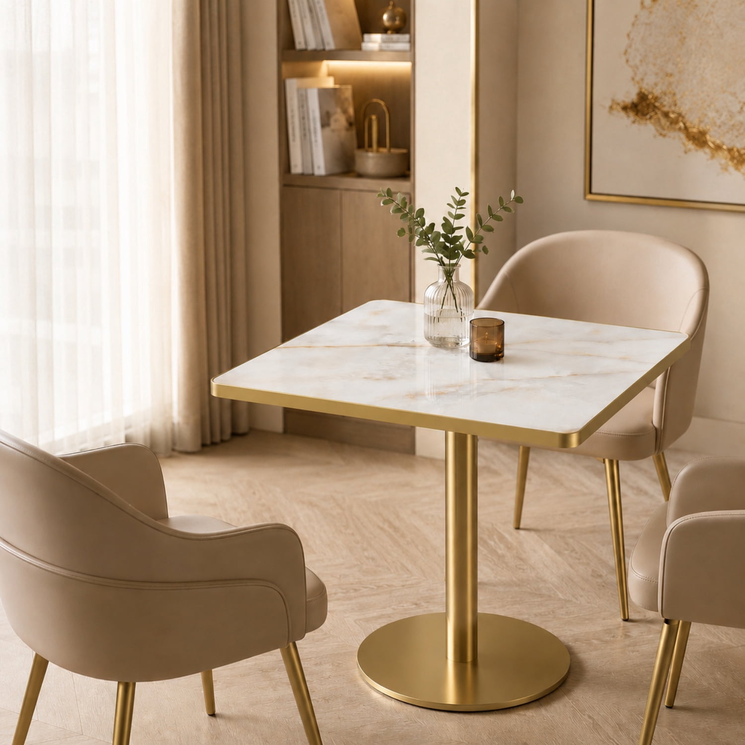 Miniyam 31.5 in Square Dining Table, Glossy Marble-Look Small Kitchen Table with Titanium Gold Feet, White Gold Vein