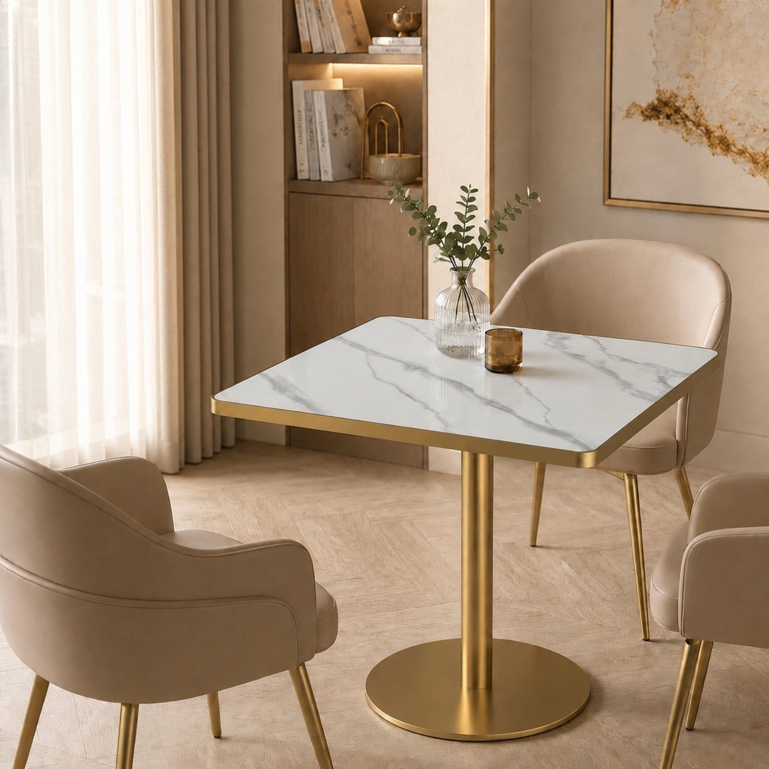 Miniyam 31.5 in Square Dining Table, Glossy Marble-Look Small Kitchen Table with Titanium Gold Feet, White Gray Vein
