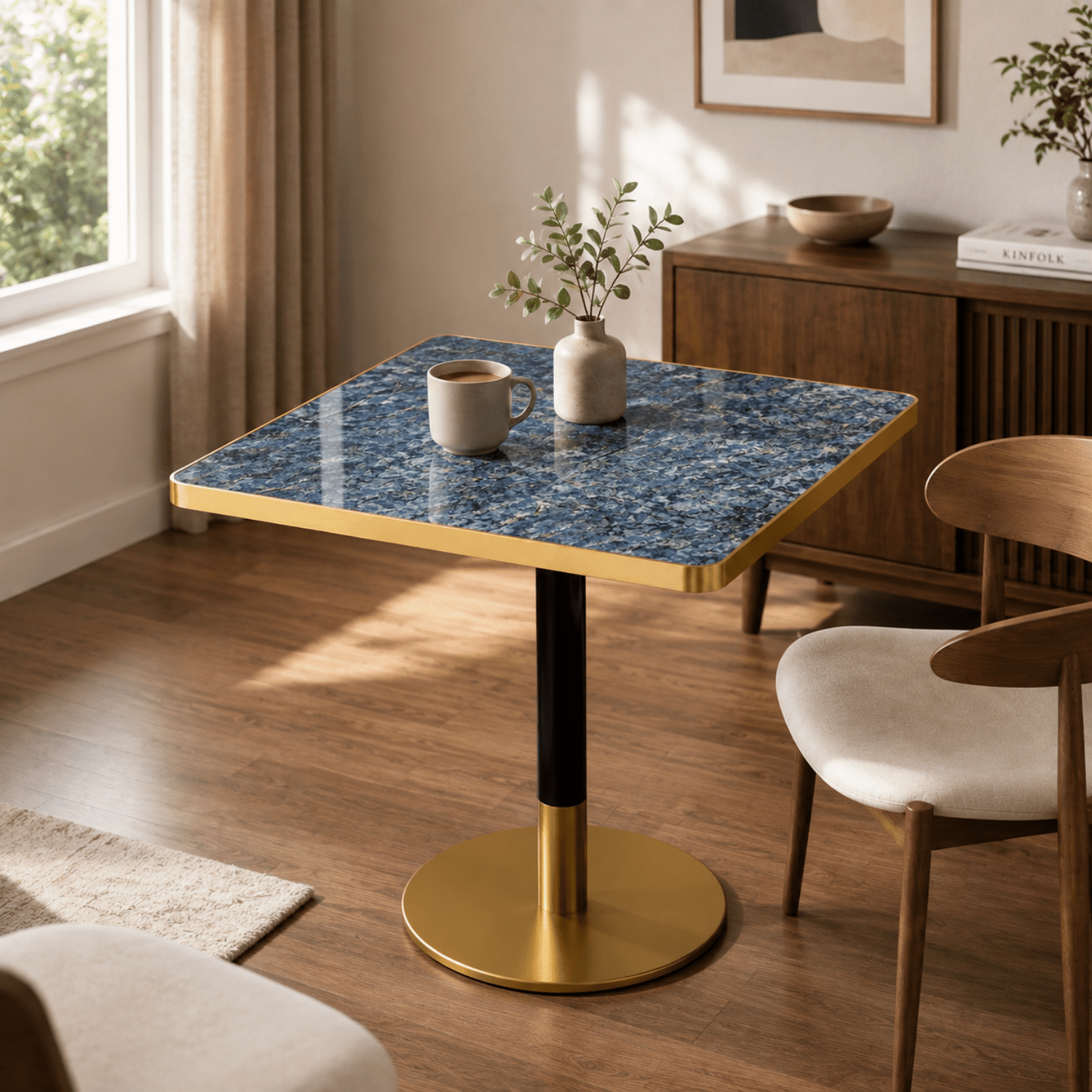 Miniyam 31.5 in Square Dining Table for 2-4, Marble-Look Sintered Stone Top, Stainless Steel Pedestal Base for Small Space, Blue