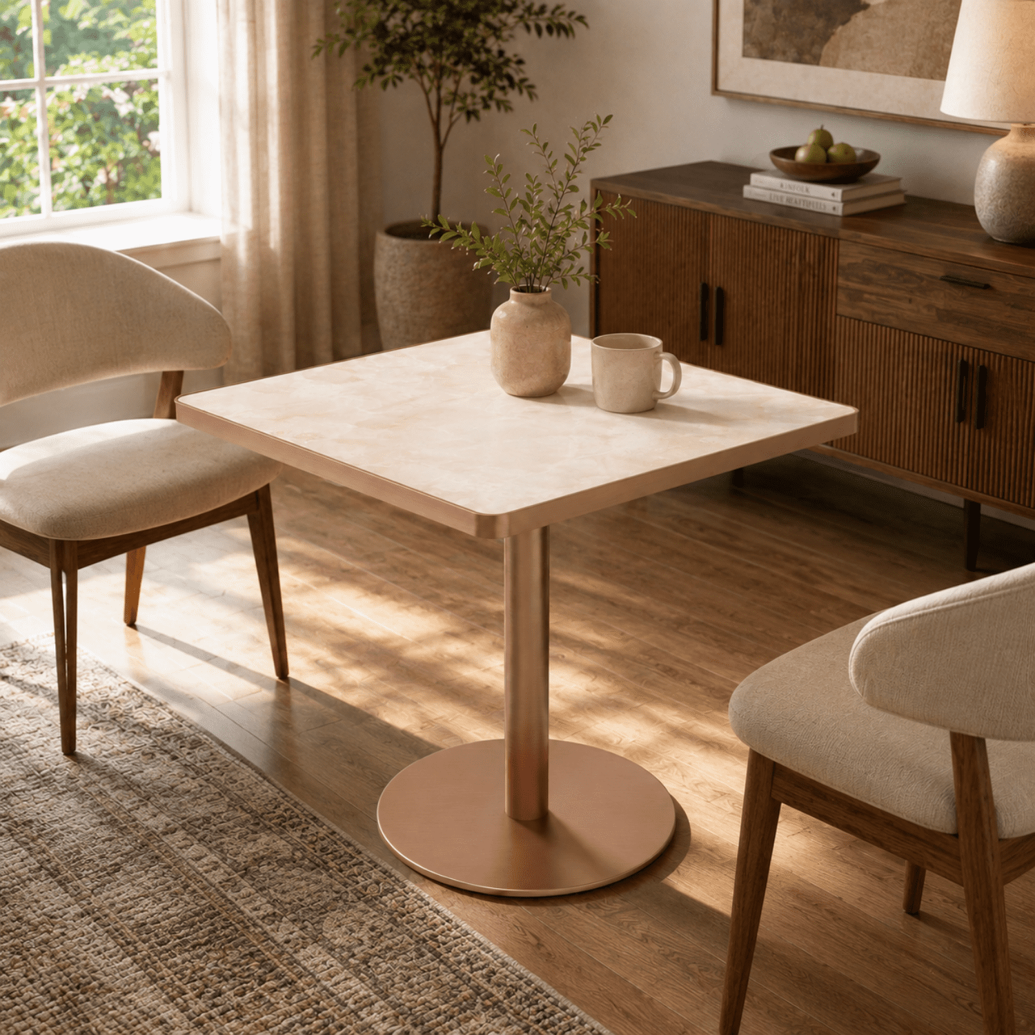 Miniyam 31.5 in Square Dining Table for 2-4, Marble-Look Sintered Stone Top, Stainless Steel Pedestal Base for Small Space, Pink