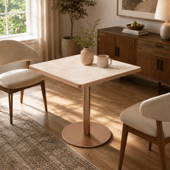 Miniyam 31.5 in Square Dining Table for 2-4, Marble-Look Sintered Stone Top, Stainless Steel Pedestal Base for Small Space, Pink