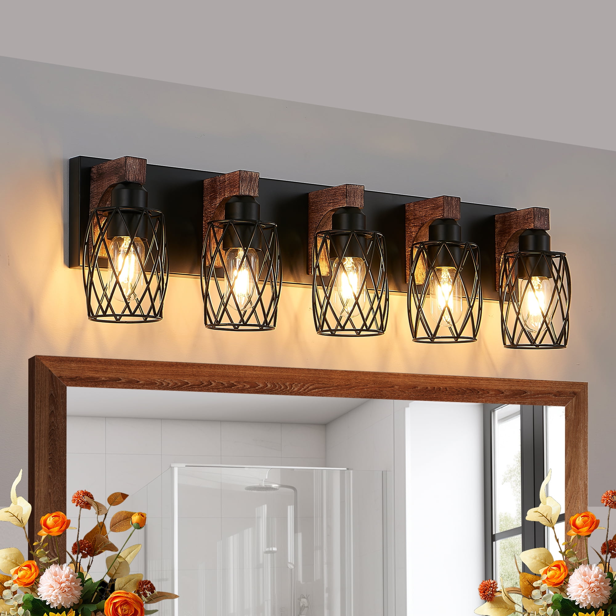 Miniyam 31 in. W 5 Lights Vanity Light Industrial Walnut Black Wall Sconce Black Cage Lighting Fixture for Bathroom Over Mirror, E26, No Bulbs Included