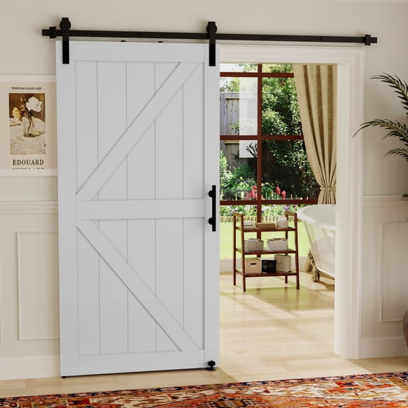 Miniyam 34 x 84 in Sliding Barn Door with Hardware Kit & Handle, Easy DIY Install, K-Frame, White