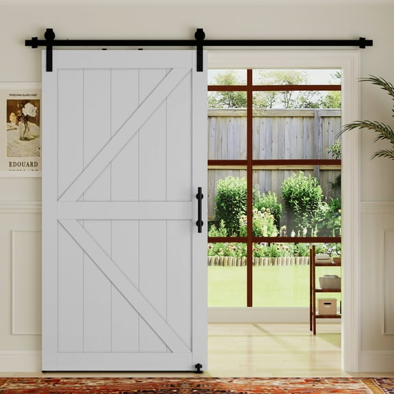 Miniyam 36 x 84 in Sliding Barn Door with Hardware Kit & Handle, Easy DIY Install, K-Frame, White