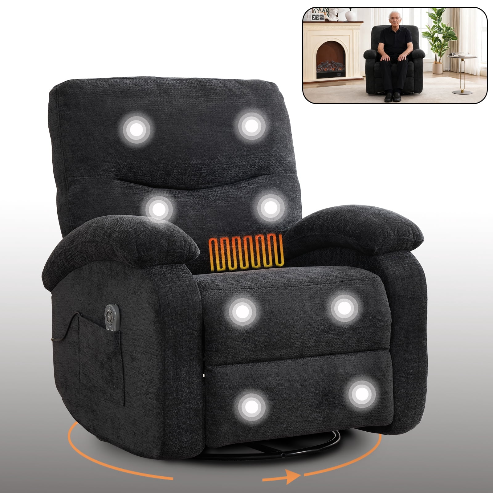 Miniyam 360° Swivel Rocking Recliner Chair with Massage and Heat, Black Chenille with Side Pocket and Footrest