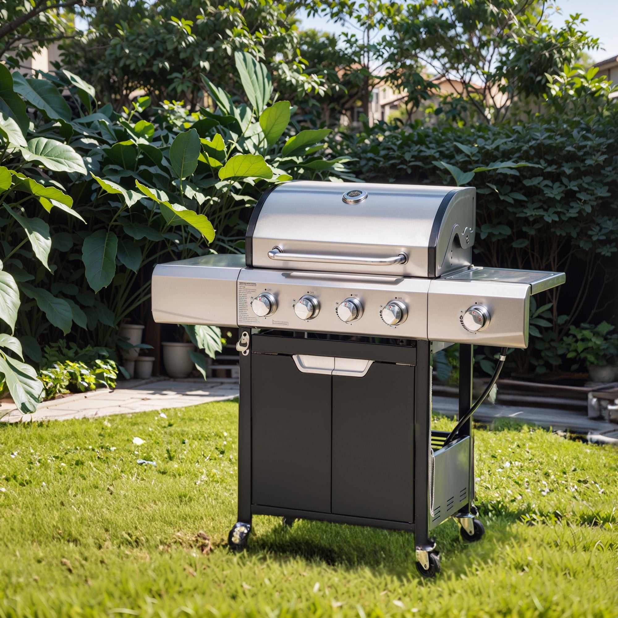 Miniyam 4-Burner Propane Gas Grill with Side Burner & Cover, Stainless Steel Outdoor BBQ for Patio & Camping