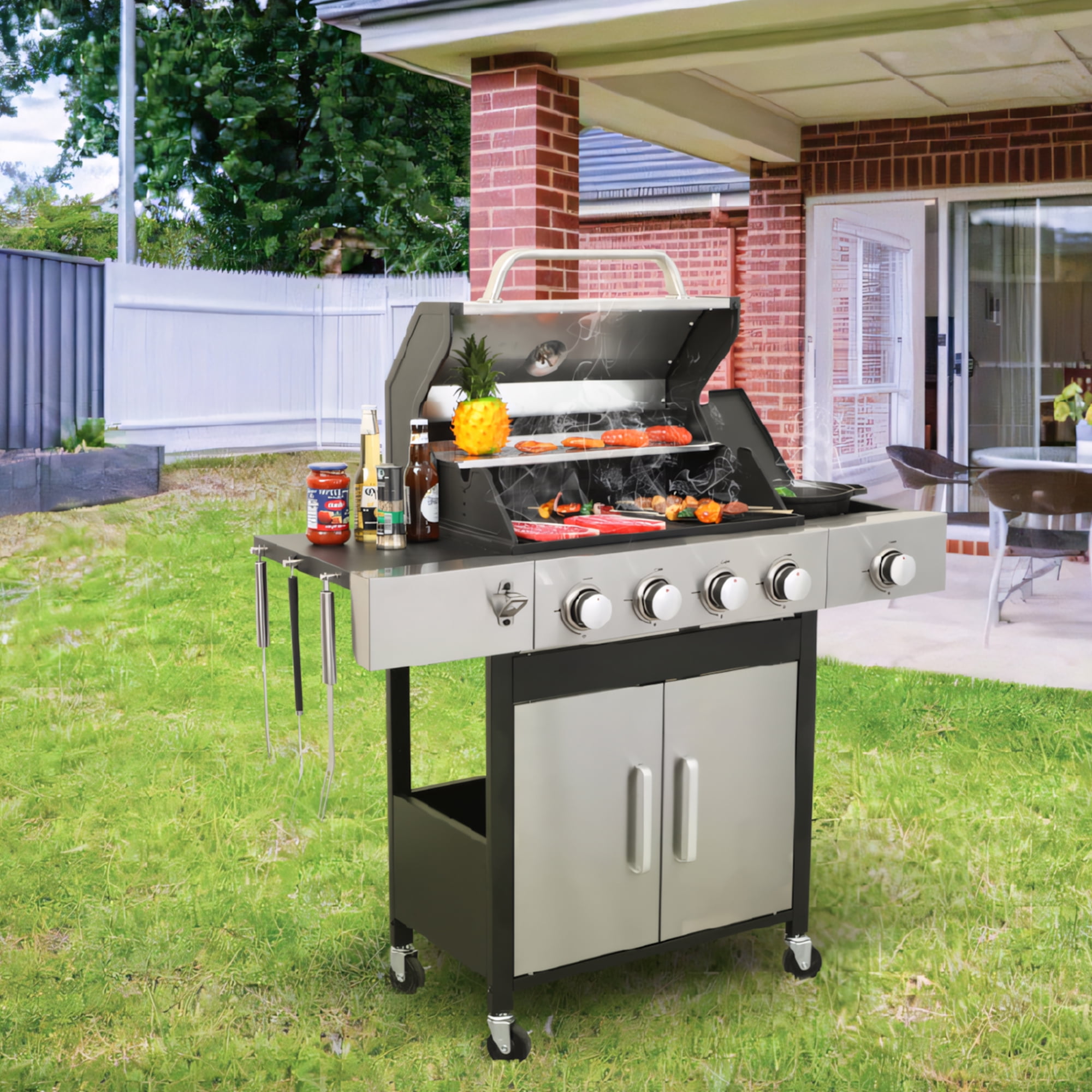 Miniyam 4 Burners BBQ Propane Gas Grill with Side Burner for Outdoor Barbecue, 46790 BTU Output