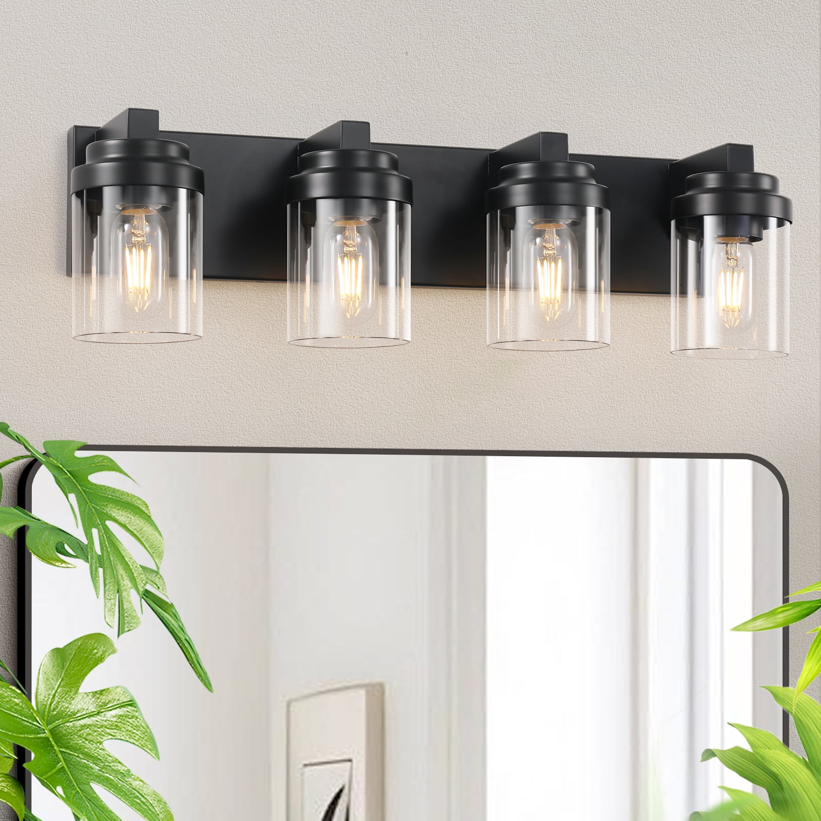 Miniyam 4 Light Bathroom Vanity Light, Matte Black Light Fixtures with Clear Glass Shade Over Mirror for Bedroom Living Room (E26,Bulb Not Included)