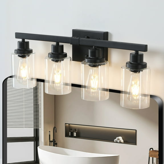 Miniyam 4-Light Black Bathroom Vanity Light, Industrial Farmhouse Wall Fixture with Clear Glass Shades