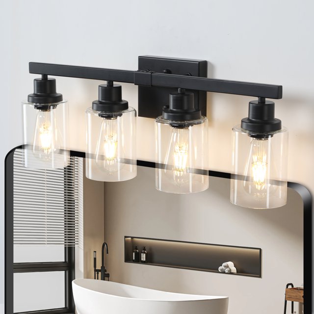 Miniyam 4-Light Rustic Vanity Light - Farmhouse, Black Metal & Glass ...