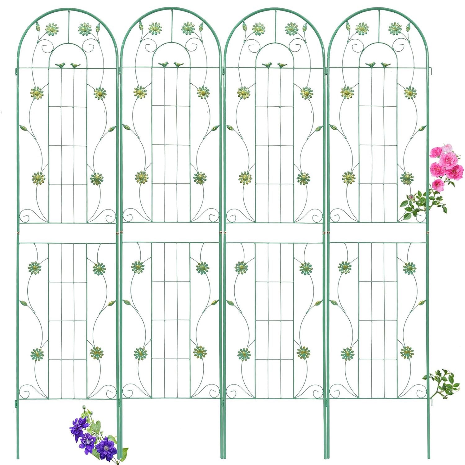 Miniyam 4 Pack 86.7x19.7in Arch Garden Trellis with Green Metal Coating – Perfect for Supporting Climbing Plants Outdoor(Flower Green)