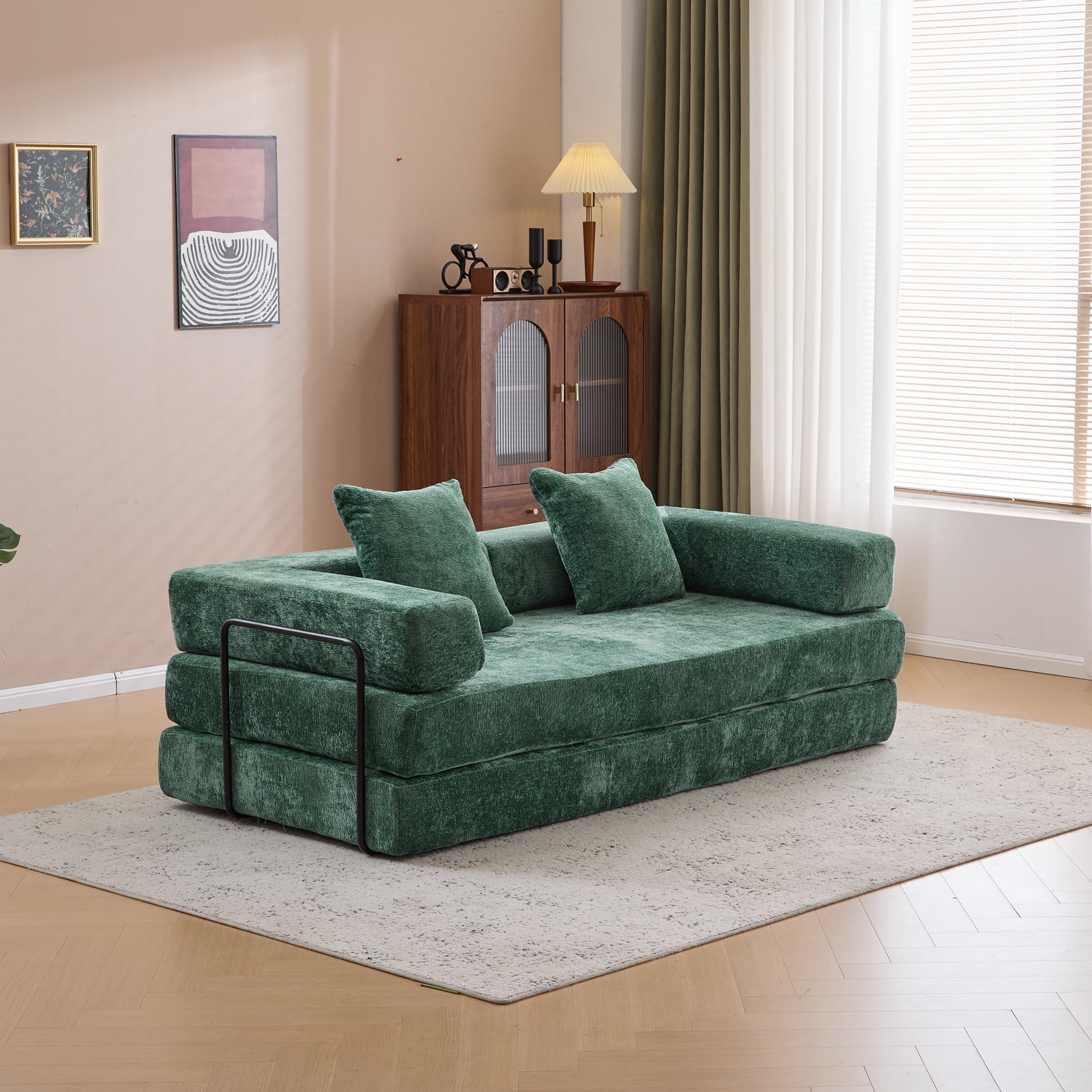 Miniyam 4 in 1 Convertible Floor Sofa Bed, Chenille Floor Couch with Armrest, Pillow for Living Room, Green