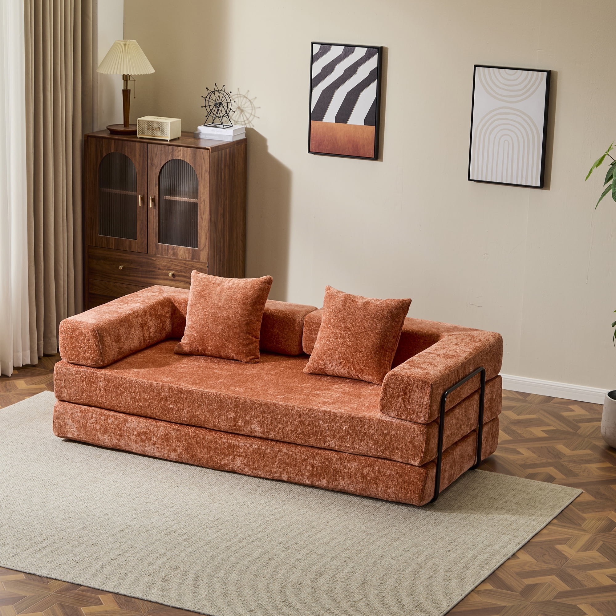 Miniyam 4 in 1 Convertible Floor Sofa Bed, Chenille Floor Couch with Armrest, Pillow for Living Room, Orange