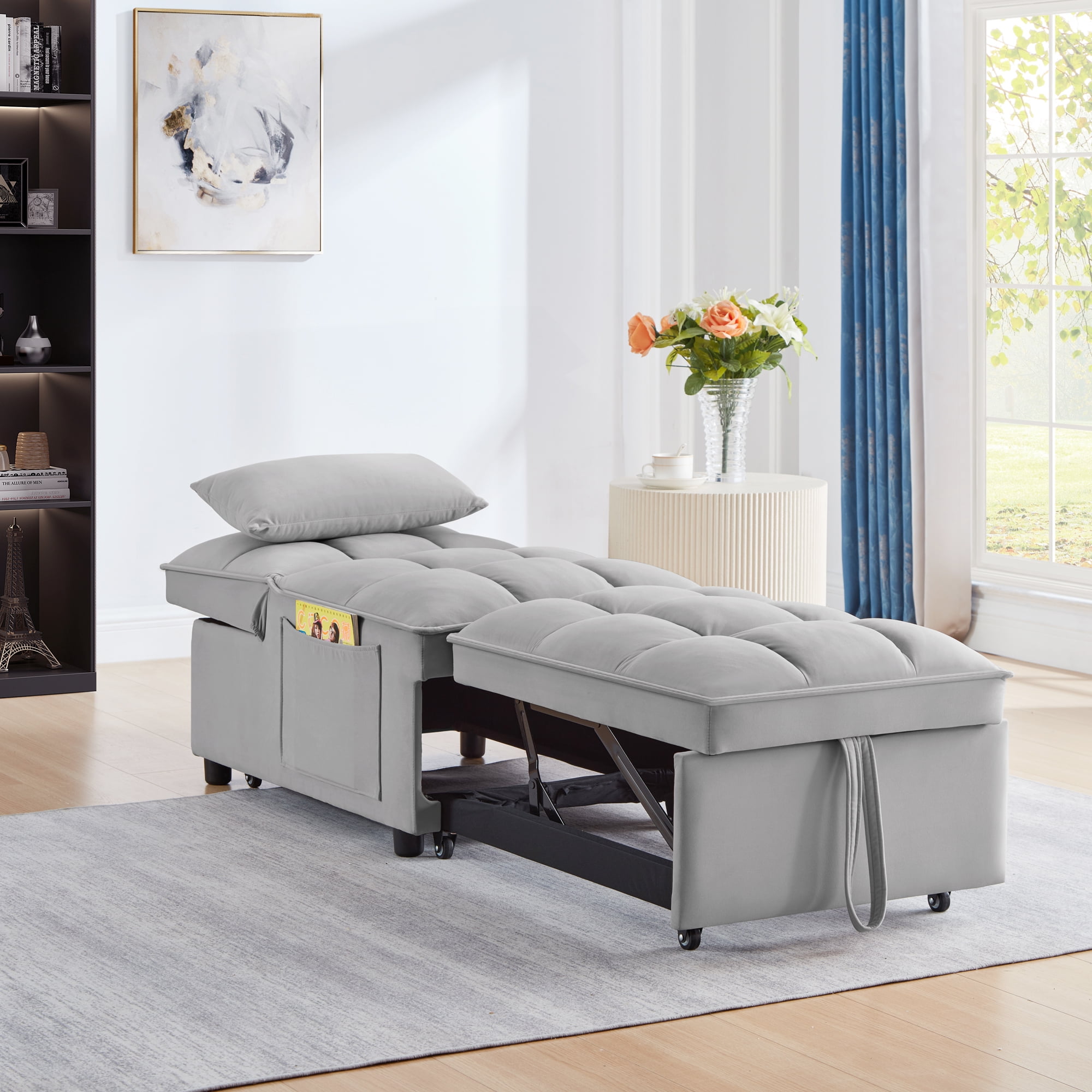 Miniyam 4 in 1 Tufted Single Pull-out Sofa Bed, Convertible Chaise Lounge, Gray