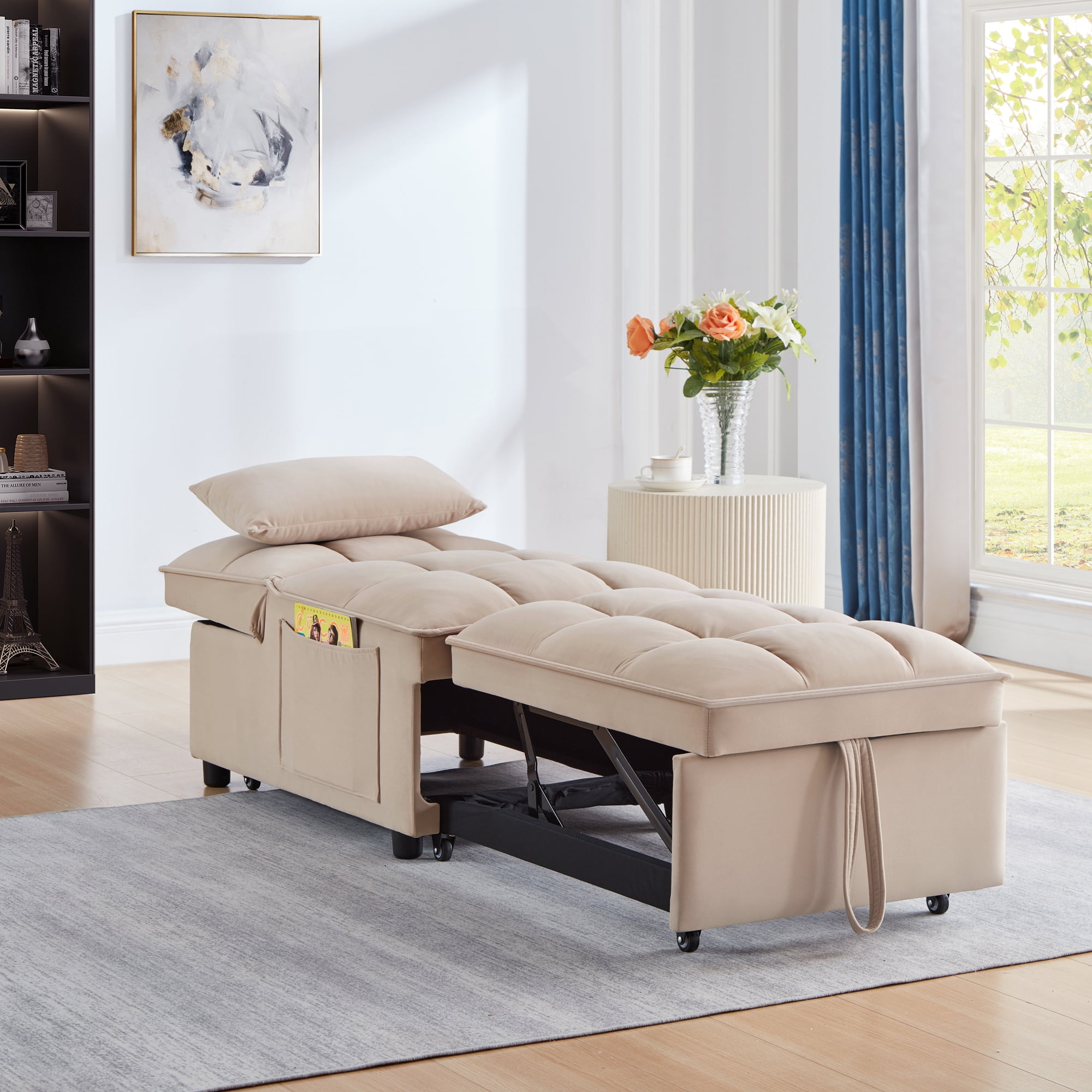 Miniyam 4 in 1 Tufted Single Pull-out Sofa Bed with Adjustable Backrest and Pillows, Taupe