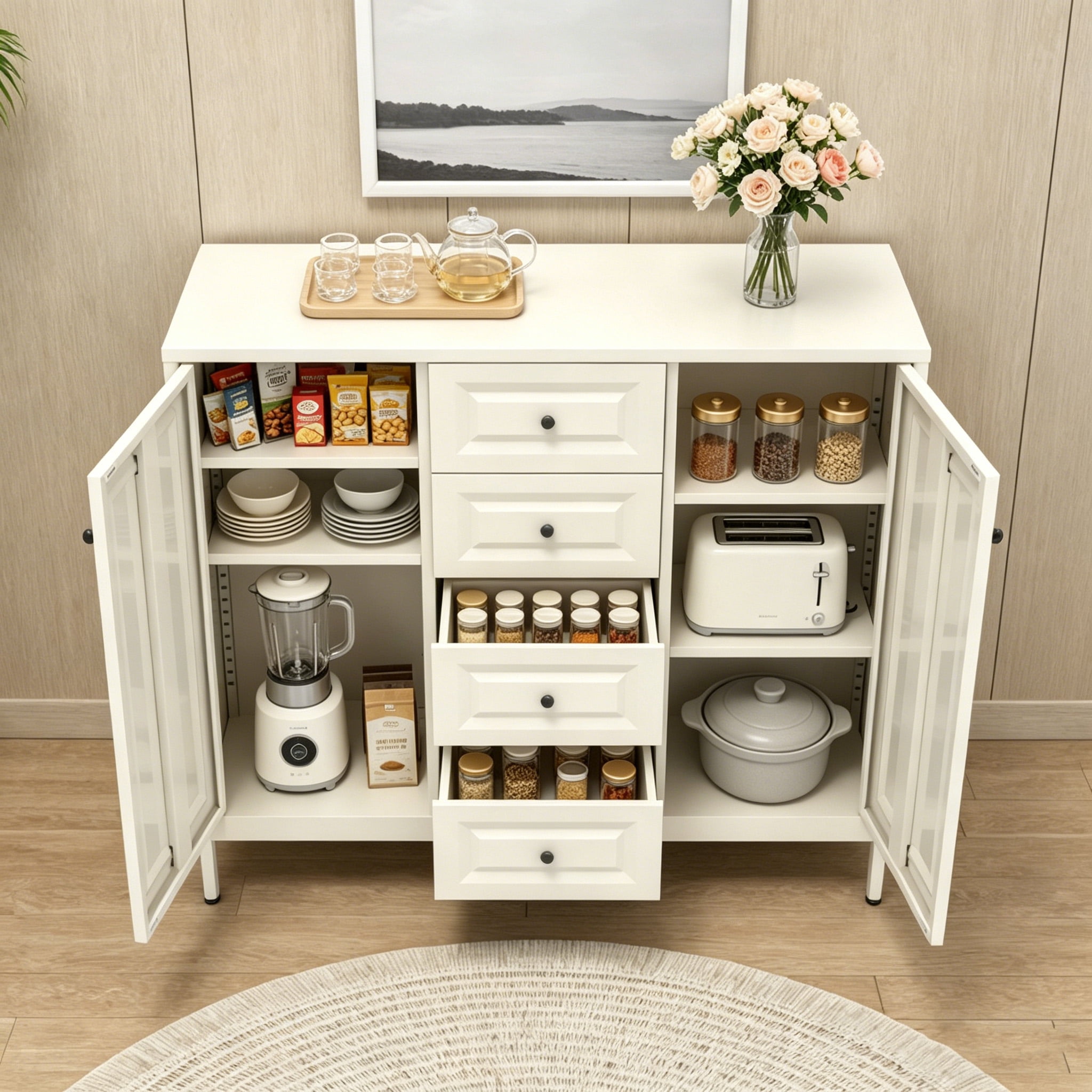 Miniyam 40" Freestanding Accent Cabinet with 4 Drawers & 2 Doors, Sideboard Buffet Cabinet, Adjustable Shelves Console Cabinet for Kitchen, Entryway, Hallway, Laundry Room