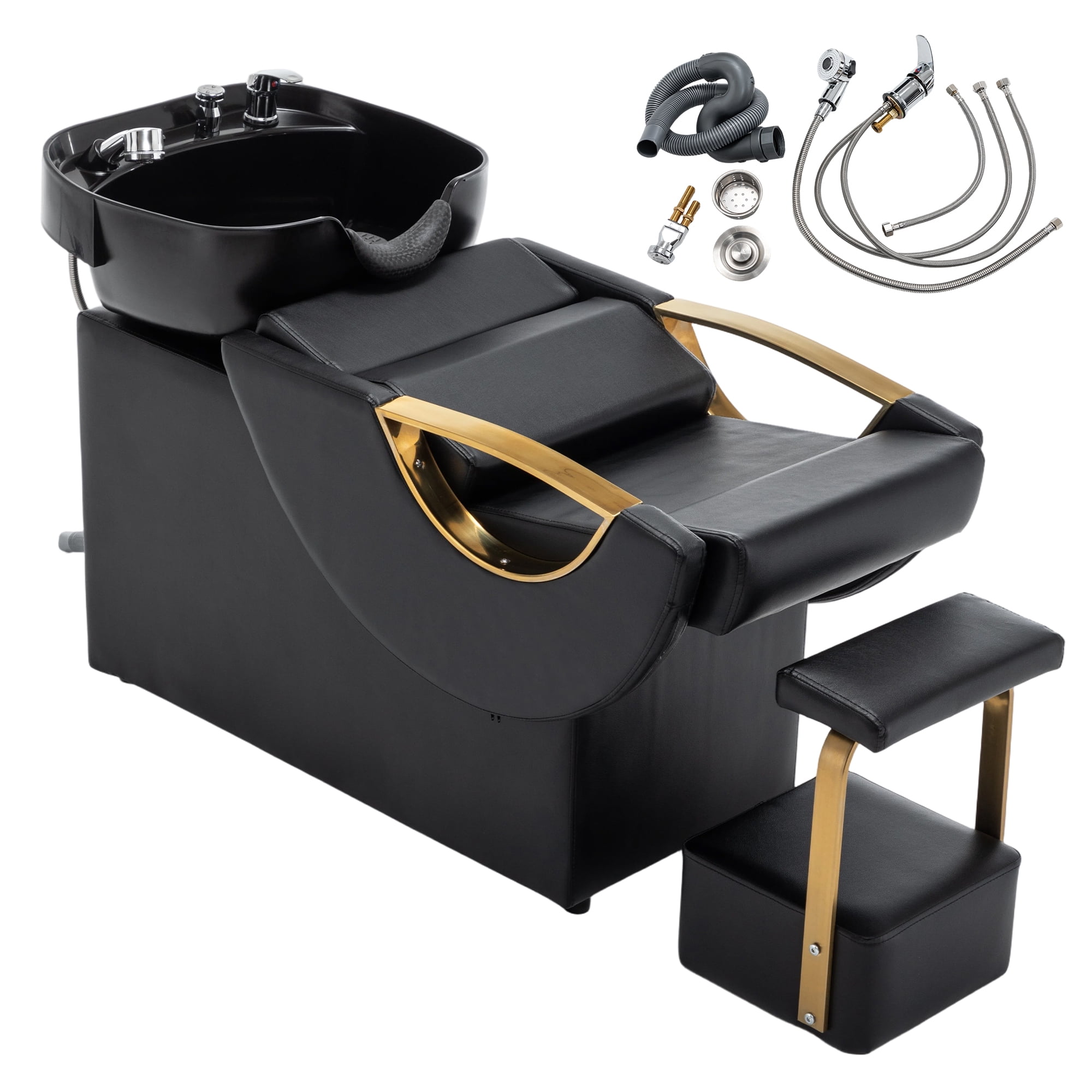 Miniyam 42.4" x 21.8" x 30" Shampoo Bowl & Chair Set with Footstool – Heavy Duty 300 lbs, Deep ABS Basin, Neck Rest, Black & Gold – for Salon Spa Barber